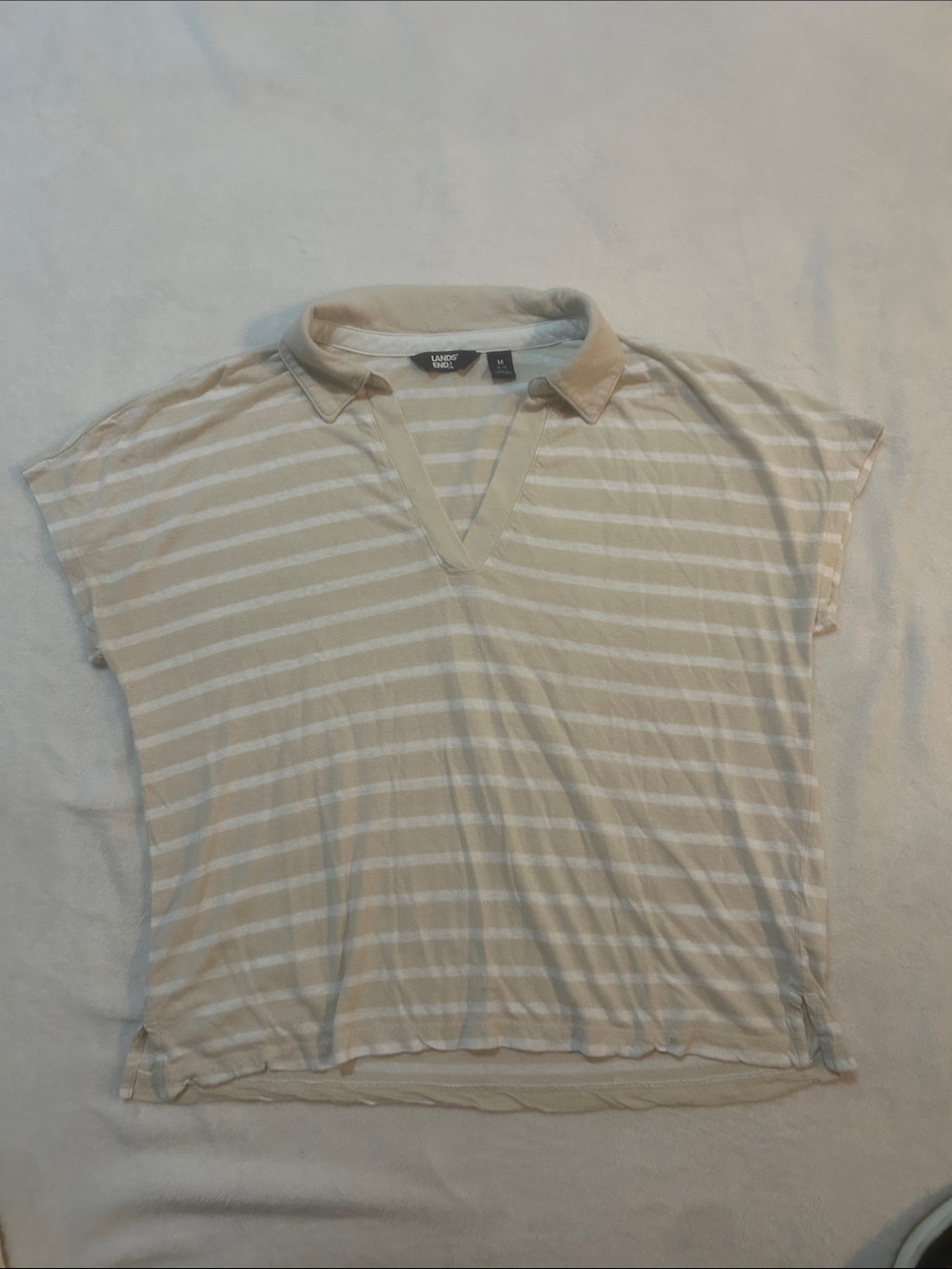 Lands' End Women’s Top Beige and White Striped Short Sleeve Polo Size Medium